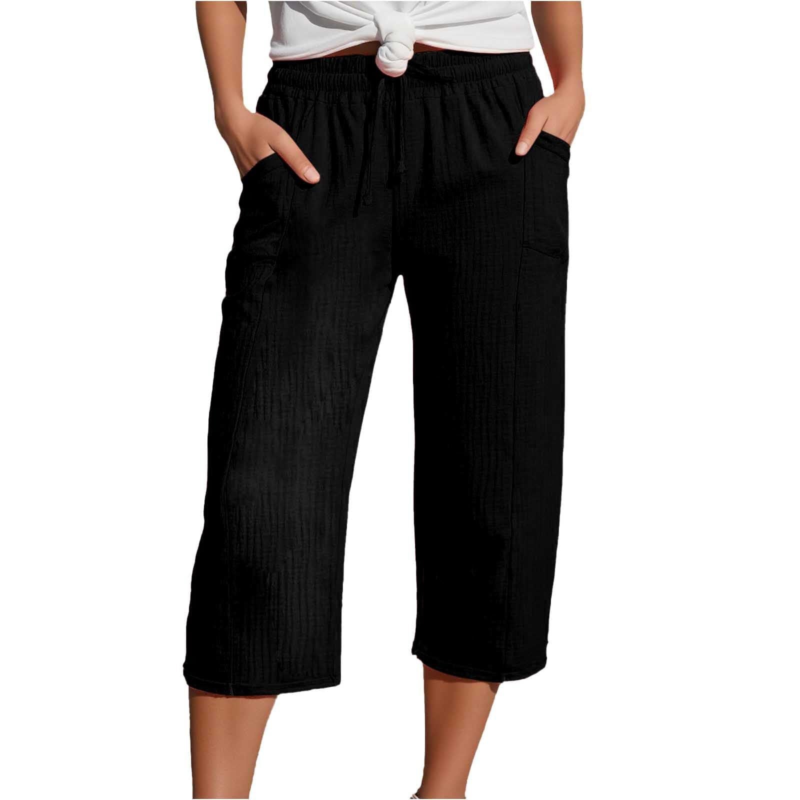 Women's Cotton-Linen Solid-Color Casual Cropped Pants With Elastic Waist NorixaFashion.com