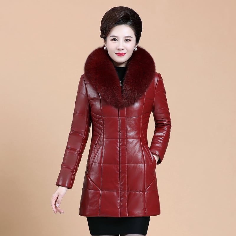 Women's Thickened Leather Down Jacket with Fur Collar Pi-Mart