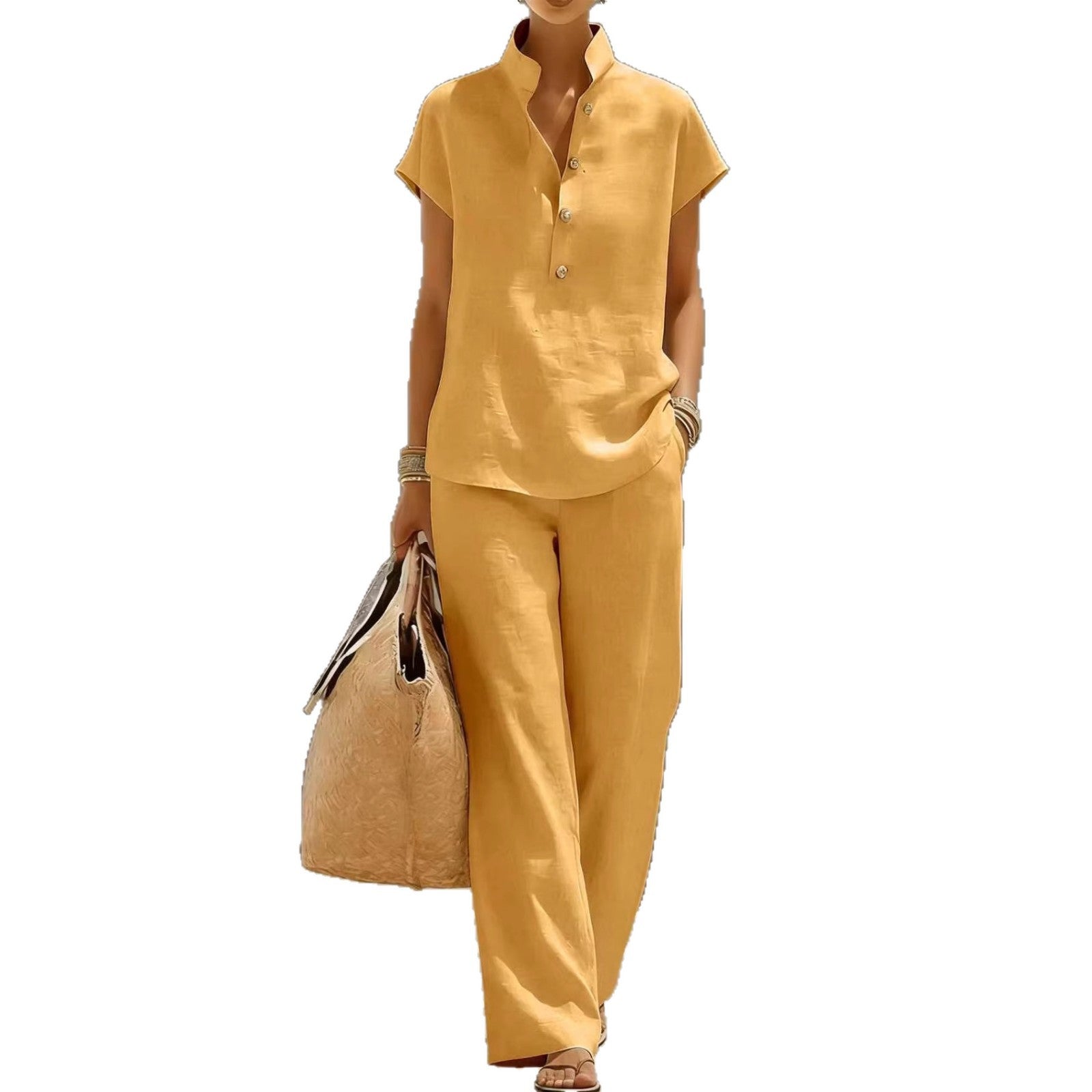 Casual Lazy-Style Cardigan Short-Sleeve Pants Solid-Color Set NorixaFashion.com