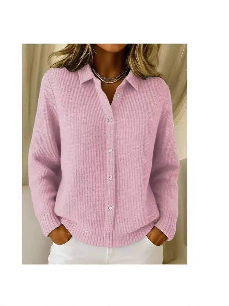 2026 New European And American Cross-Border Turn-Down Collar Solid Color Sweater Cardigan European And American Cross-Border Casual Knit Jacket For Women In Autumn And Winter NorixaFashion.com