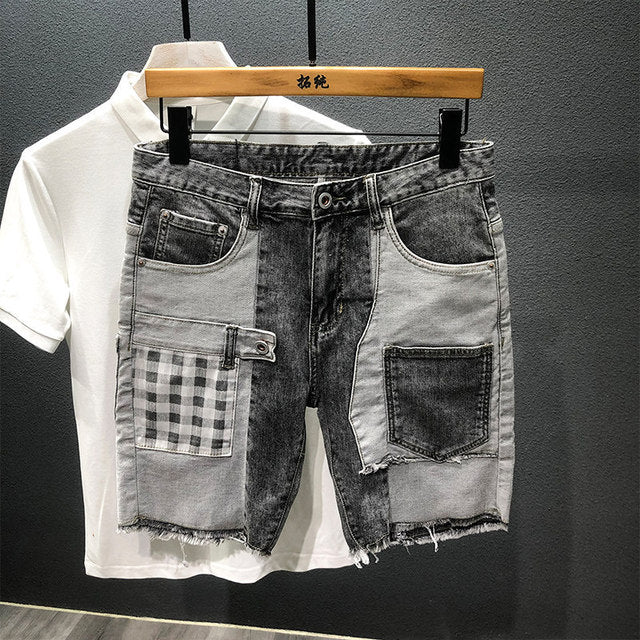 Summer Gray Denim Patchwork Plaid Hip-Hop Shorts Pi-Mart