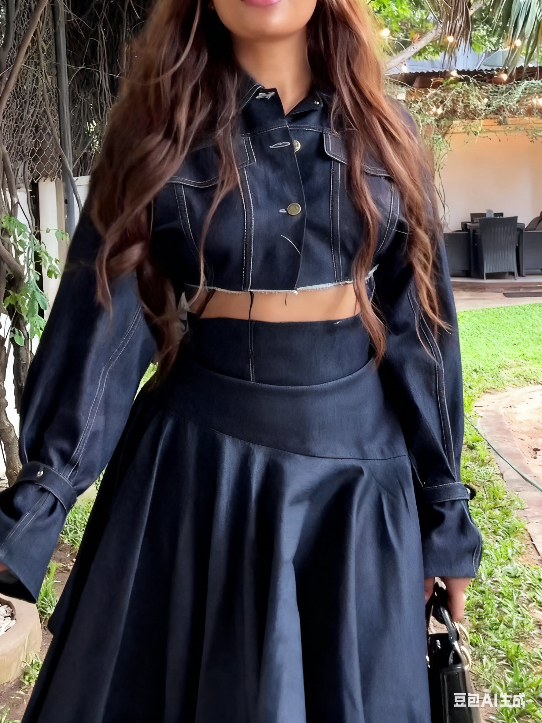 Chic Long-sleeved Cropped Jacket & Irregular Hem Denim Skirt Set NorixaFashion.com