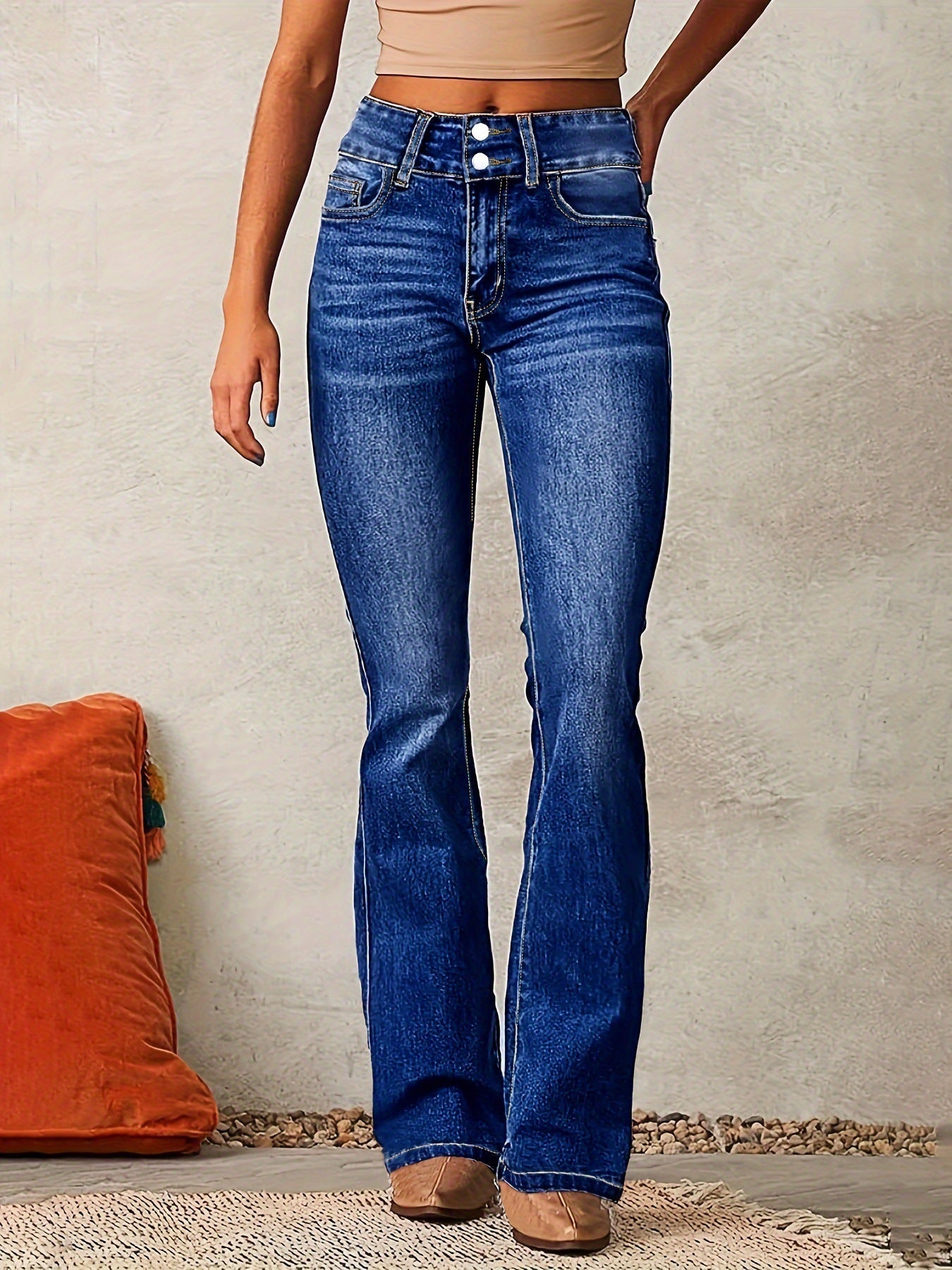 Skinny Flared Jeans With Pockets Fashion Button Zipper Trousers Women's Slim Denim Pants LadyShow.Store