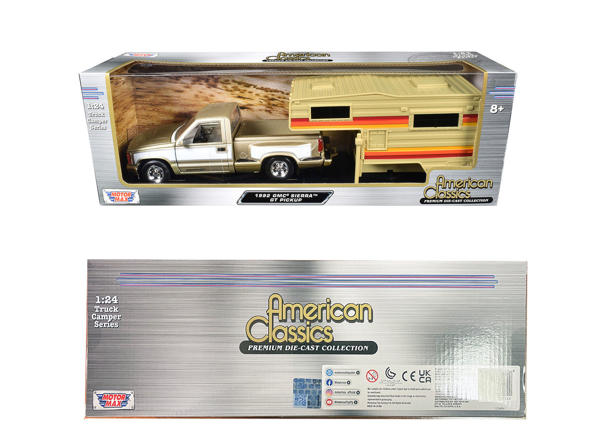 1992 GMC Sierra GT Pickup Truck Gold Metallic with White Sides with Camper Shell "American Classics" Series 1/24 Diecast Model Car by Motormax LuxuryLifeWay Online Store