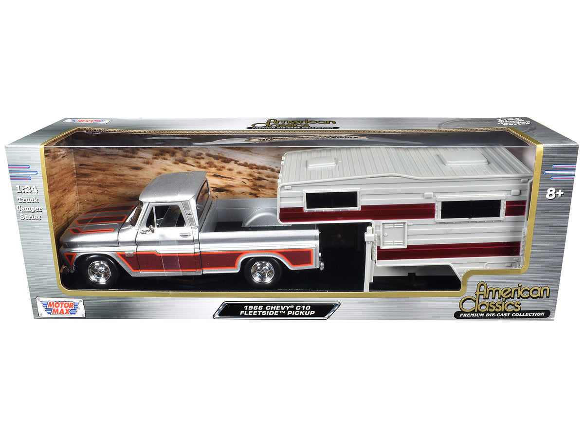 1966 Chevrolet C10 Fleetside Pickup Truck Silver Metallic with Brown Sides with Camper Shell "American Classics" Series 1/24 Diecast Model Car by Motormax LuxuryLifeWay Online Store