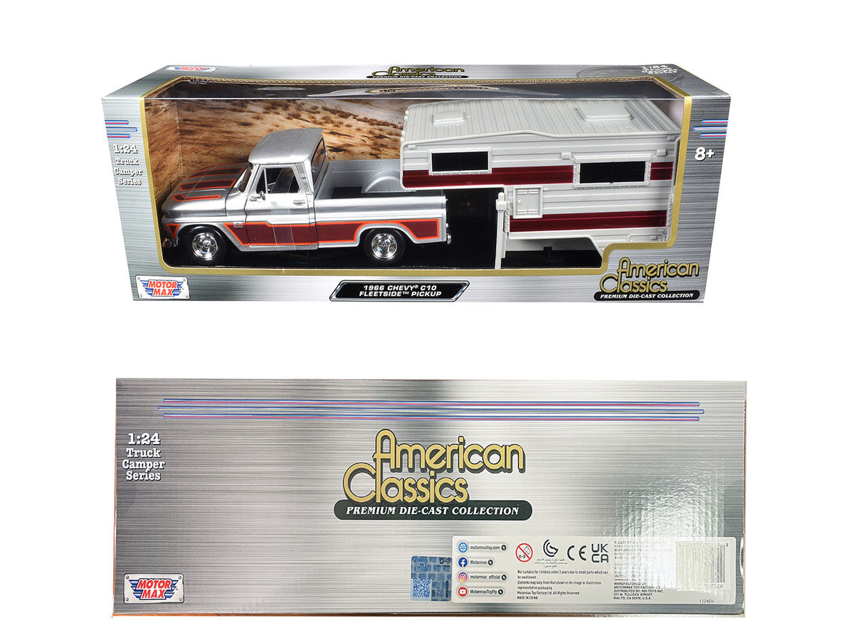 1966 Chevrolet C10 Fleetside Pickup Truck Silver Metallic with Brown Sides with Camper Shell "American Classics" Series 1/24 Diecast Model Car by Motormax LuxuryLifeWay Online Store