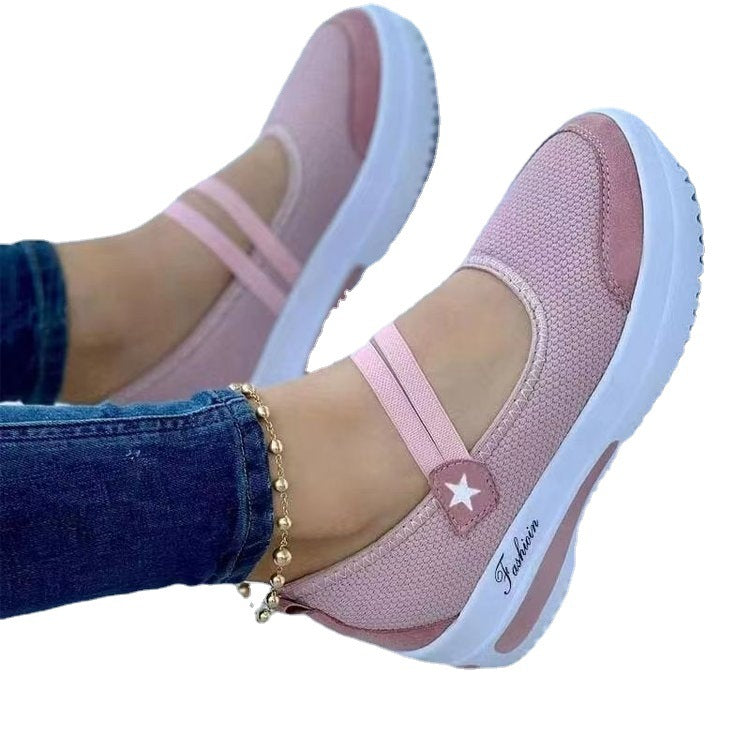 Fly Woven Breathable Wedge Heel Thick Bottom Hollow Velcro Round Toe Low-top Casual Shoes LadyShow.Store