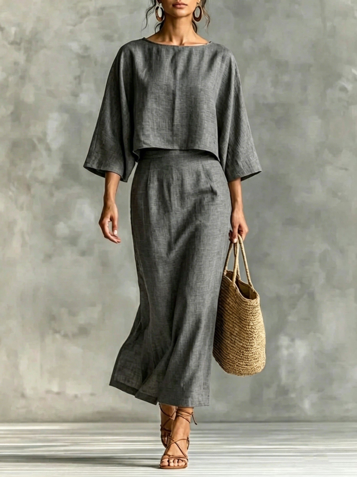 High Waisted Long Skirt Set With A Round Neck Three Quarter Sleeved Loose Fitting Womens Top NorixaFashion.com
