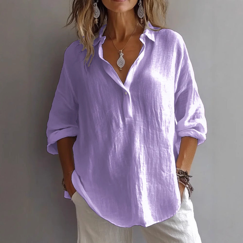 Fashion Long-sleeved Lapel Pullover Shirt Casual Loose Solid Color T-shirt Tops Women's Clothing NorixaFashion.com