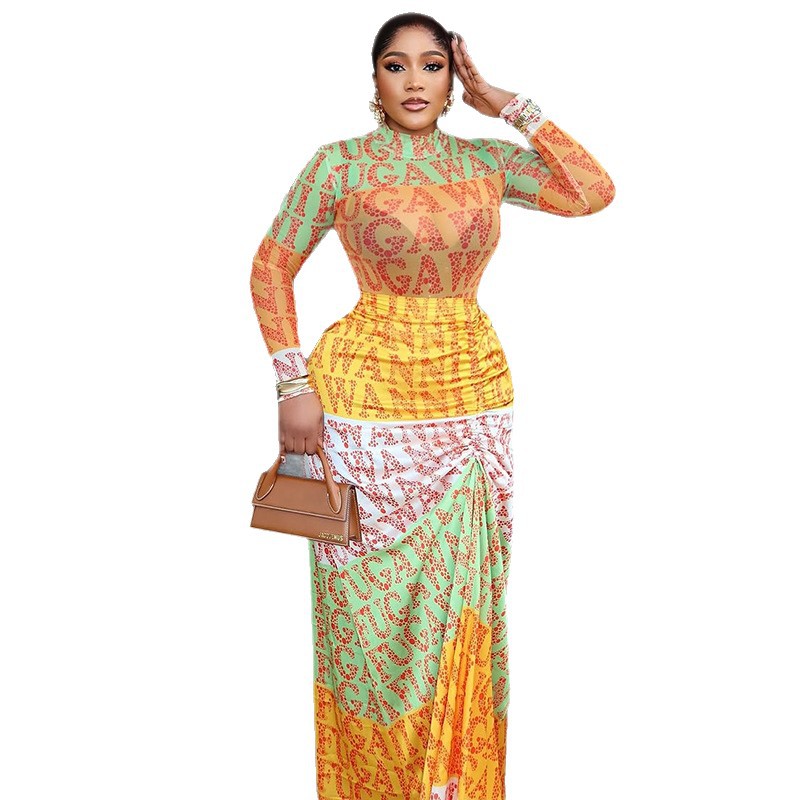 Waist-cinching High-neck Long-sleeve Spliced Slightly Sheer Dress LadyShow.Store