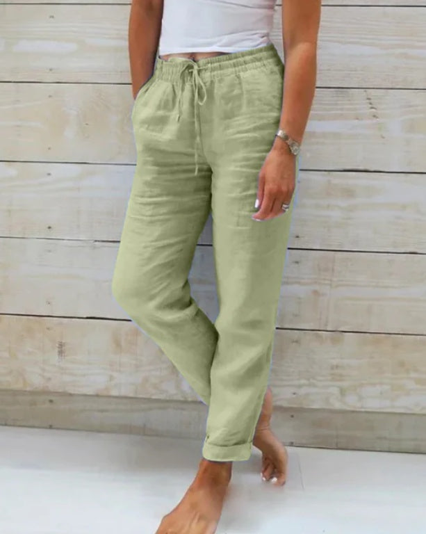Elastic Waist Solid Cotton Hemp Pants NorixaFashion.com