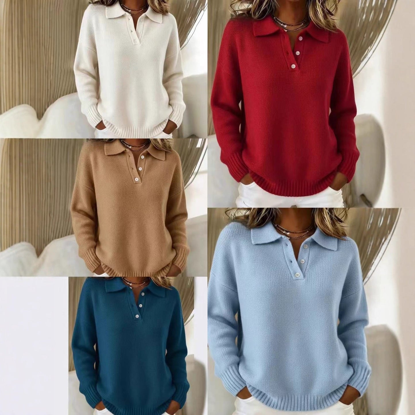 Loose And Soft Women's Lapel Long Sleeve Button Sweater LadyShow.Store