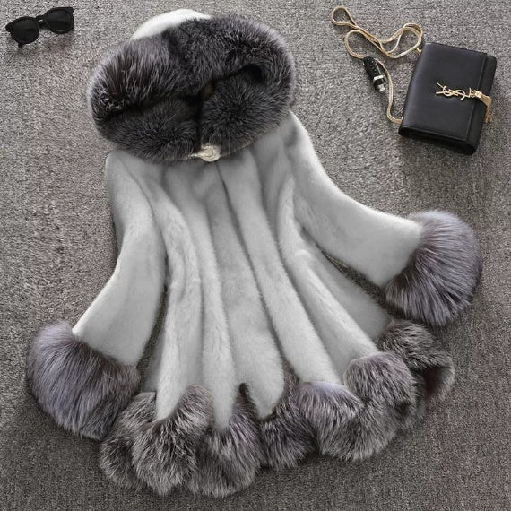 Faux Fur Women's White Rabbit Fur Mink Fur Winter Hooded Coat NorixaFashion.com