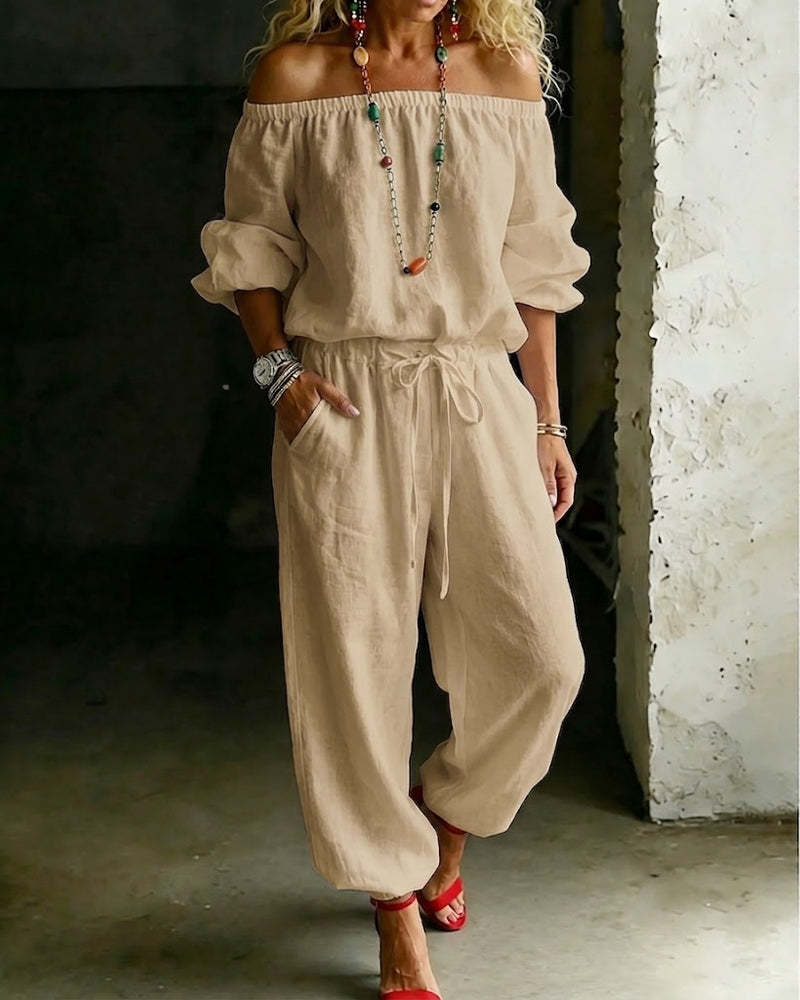 One-shoulder Top And Casual Drawstring Jogger Pants Jumpsuit Set NorixaFashion.com