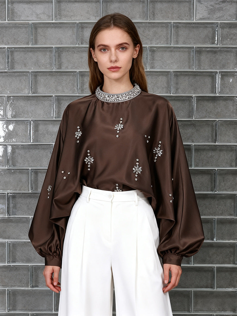 Round Neck Rhinestone Loose Solid Color Pullover Shirt NorixaFashion.com