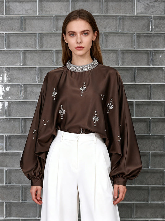Round Neck Rhinestone Loose Solid Color Pullover Shirt NorixaFashion.com