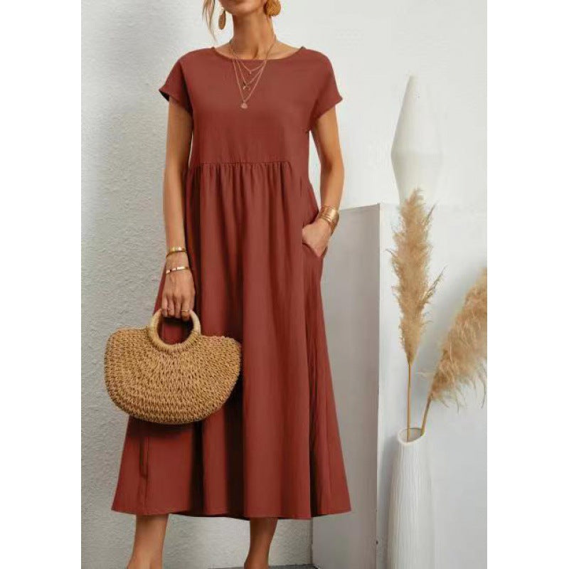 2026 New European And American Women's Round Neck Solid Color Pullover Comfortable Casual Dress NorixaFashion.com