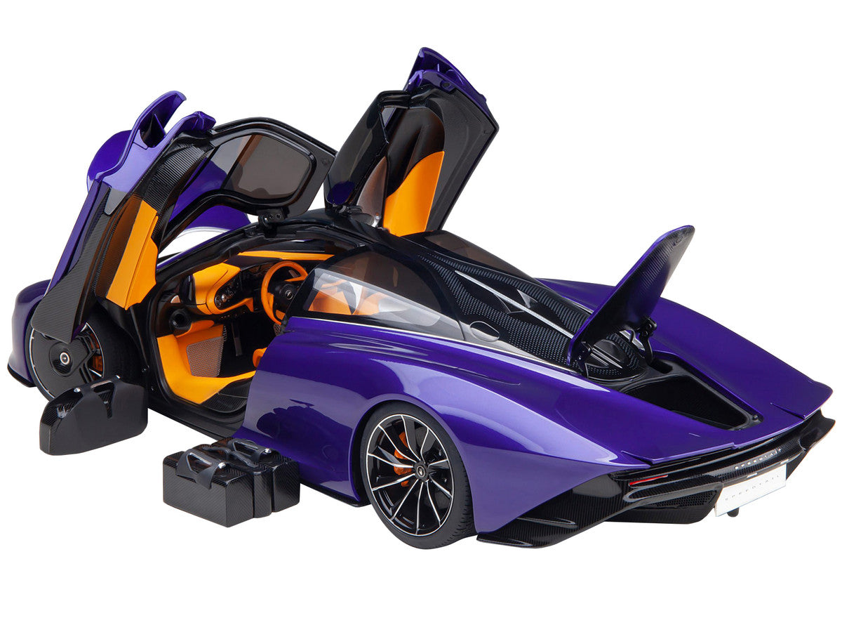McLaren Speedtail Lantana Purple Metallic with Black Top and Yellow Interior and Suitcase Accessories  1/18 Model Car by Autoart LuxuryLifeWay Online Store
