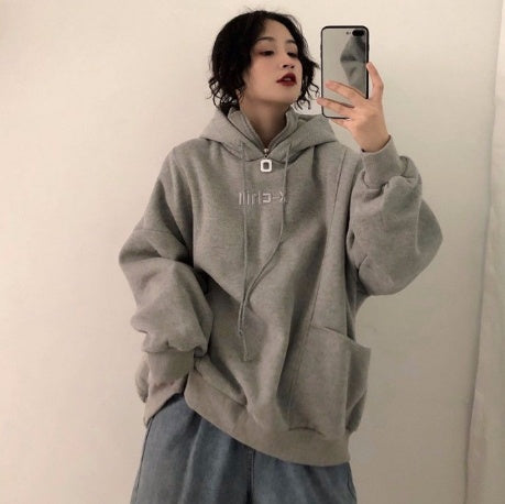 Hoodies Women Autumn Winter New Korean Style Student Loose Embroidered Simple Plus Velvet High Quality Soft Womens Clothing Chic LadyShow.Store
