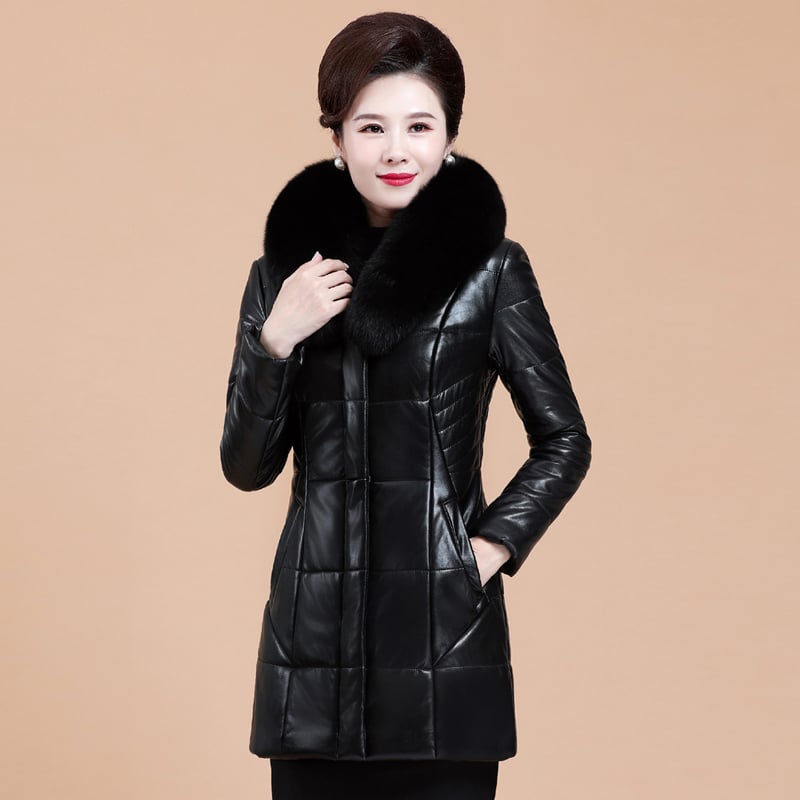 Women's Thickened Leather Down Jacket with Fur Collar Pi-Mart