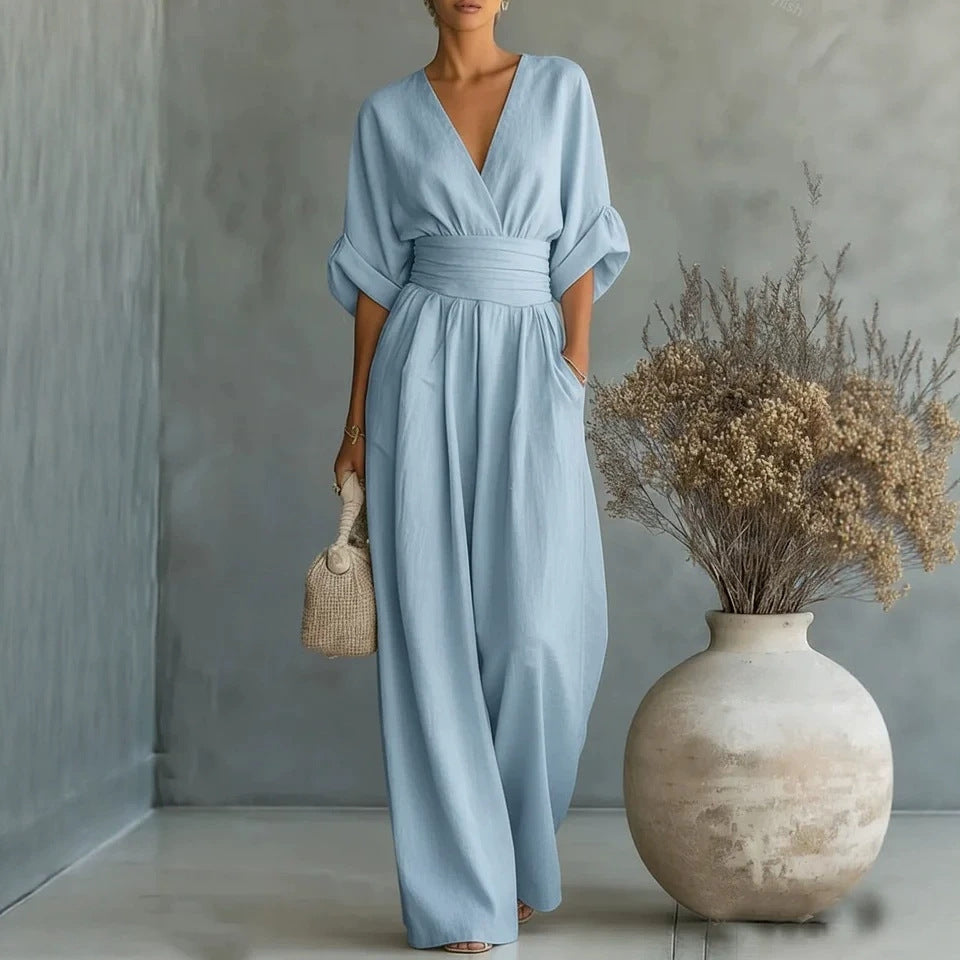 Summer Short-sleeved Jumpsuit Fashion Casual V-Neck Wide-Leg Pants Womens Clothing LadyShow.Store