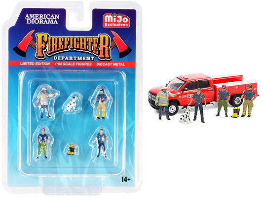 "Firefighter II" 6 piece Diecast Set (4 Figurines 1 Dog and 1 Accessory) for 1/64 Scale Models by American Diorama LuxuryLifeWay Online Store