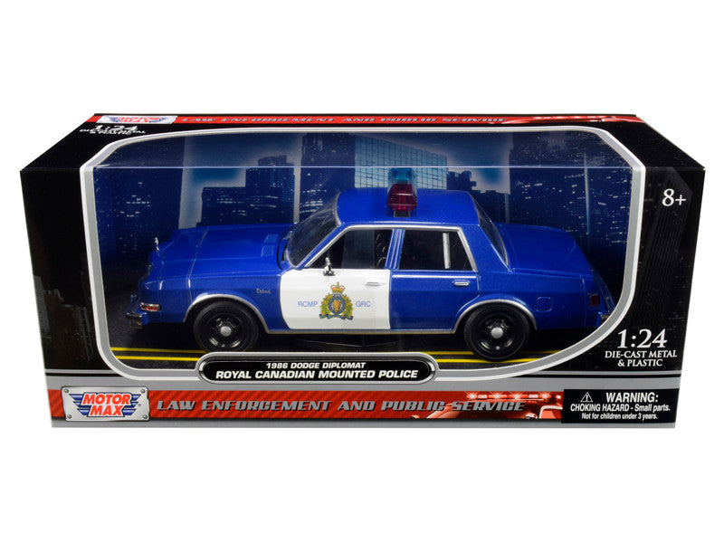 1986 Dodge Diplomat "Royal Canadian Mounted Police" Metallic Blue and White 1/24 Diecast Model Car by Motormax LuxuryLifeWay Online Store