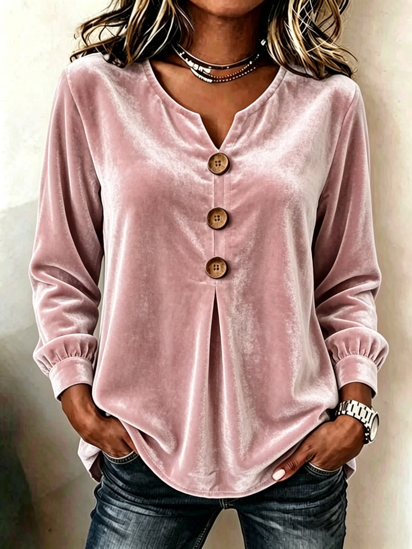 Elegant V-neck Buttoned Long-sleeve Velvet Blouse For Women NorixaFashion.com