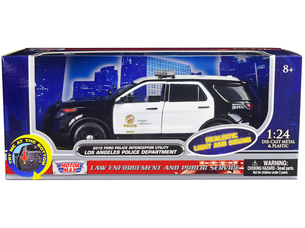 2015 Ford Police Interceptor Utility Black and White "Los Angeles Police Department (LAPD)" with Flashing Light Bar and Front and Rear Lights and Sounds 1/24 Diecast Model Car by Motormax LuxuryLifeWay Online Store