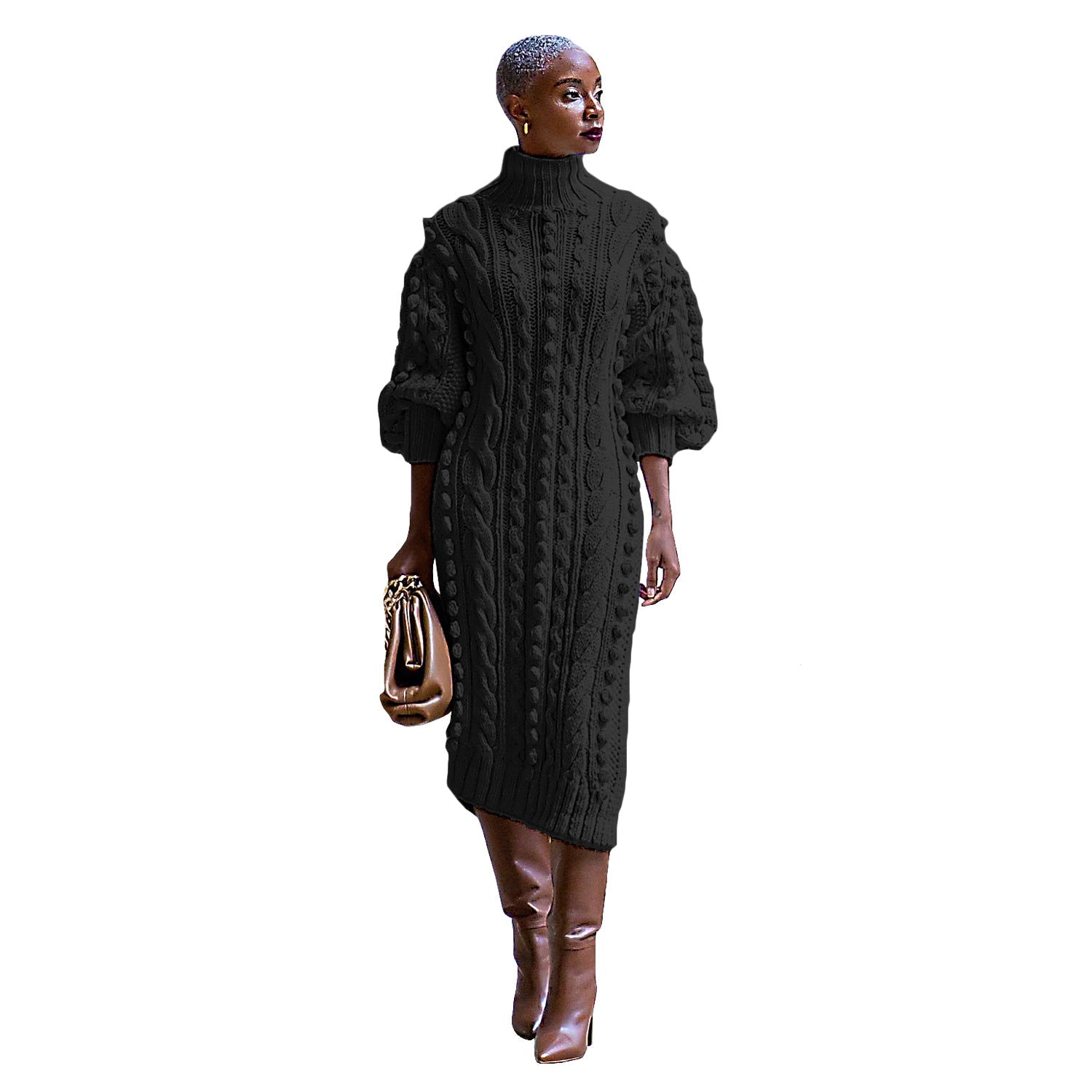Women's Clothing Casual Turtleneck Slit Knitted Long Dress Best YouTube Store