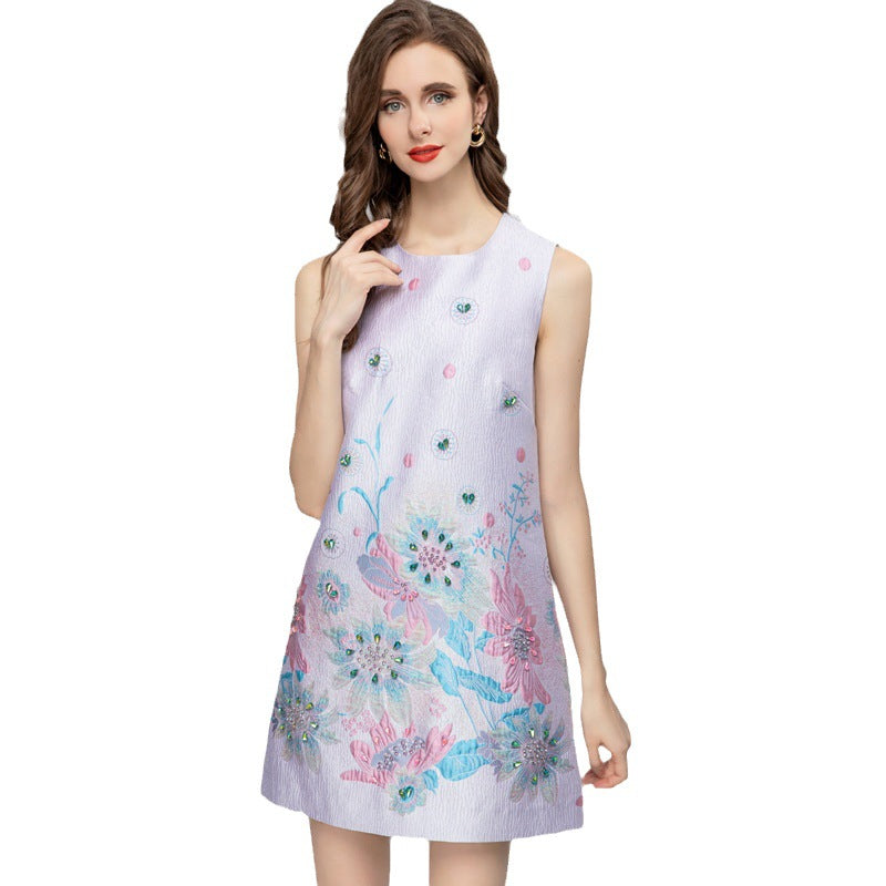 Printed Sleeveless Short Jacquard Dress Women NorixaFashion.com