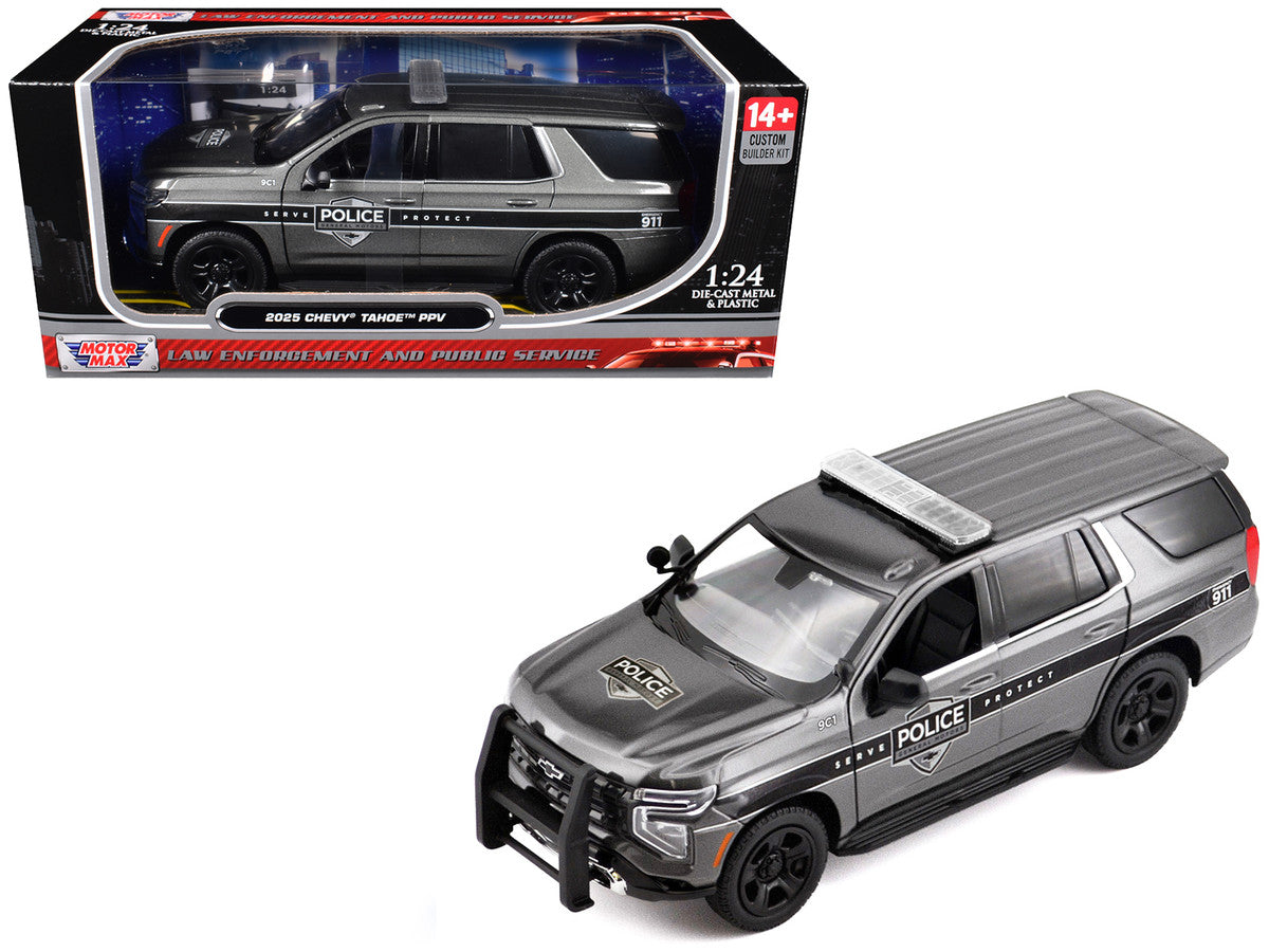 2025 Chevrolet Tahoe PPV "General Motors Police" Gray Metallic "Custom Builder's Kit - Law Enforcement and Public Service" Series 1/24 Diecast Model Car by Motormax LuxuryLifeWay Online Store