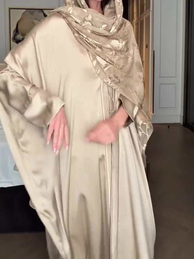Light Beige Satin Floral Jacquard Pleated Longline Kimono Cardigan NorixaFashion.com
