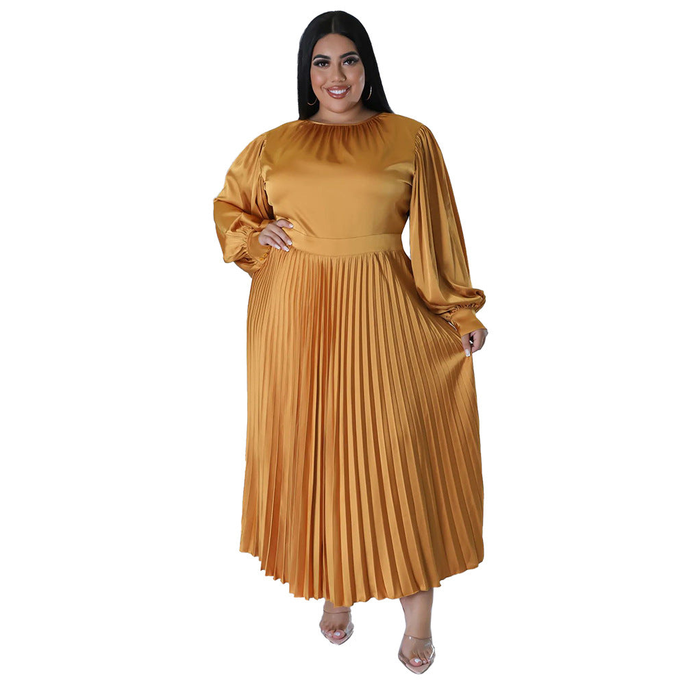 Pleated Round-neck Long Dress Women NorixaFashion.com