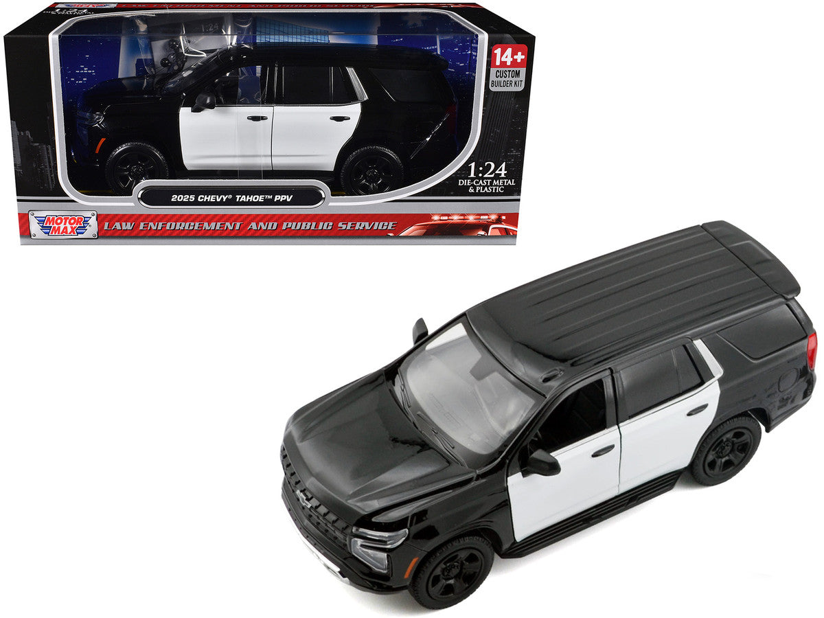 2025 Chevrolet Tahoe PPV Black and White "Custom Builder's Kit - Law Enforcement and Public Service" Series 1/24 Diecast Model Car by Motormax LuxuryLifeWay Online Store