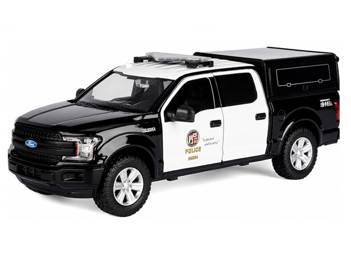2019 Ford F-150 Lariat Crew Cab Pickup Truck with Camper "Los Angeles Police Department" Black and White "Law Enforcement and Public Service" Series 1/24-1/27 Diecast Model Car by Motormax LuxuryLifeWay Online Store