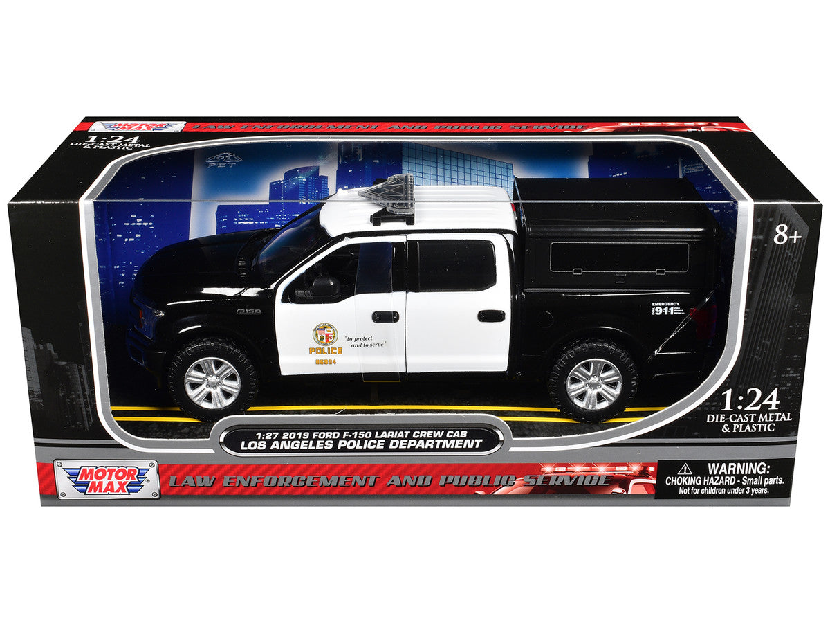 2019 Ford F-150 Lariat Crew Cab Pickup Truck with Camper "Los Angeles Police Department" Black and White "Law Enforcement and Public Service" Series 1/24-1/27 Diecast Model Car by Motormax LuxuryLifeWay Online Store