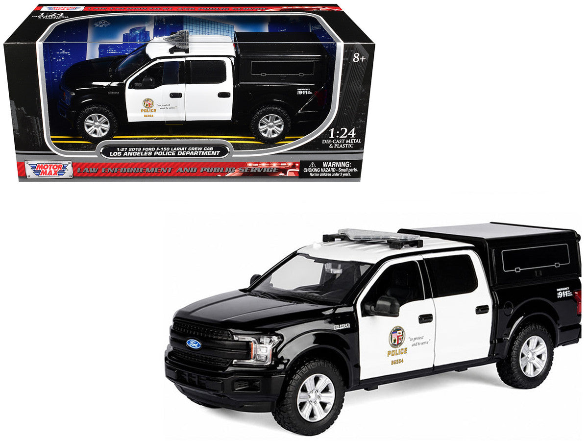 2019 Ford F-150 Lariat Crew Cab Pickup Truck with Camper "Los Angeles Police Department" Black and White "Law Enforcement and Public Service" Series 1/24-1/27 Diecast Model Car by Motormax LuxuryLifeWay Online Store