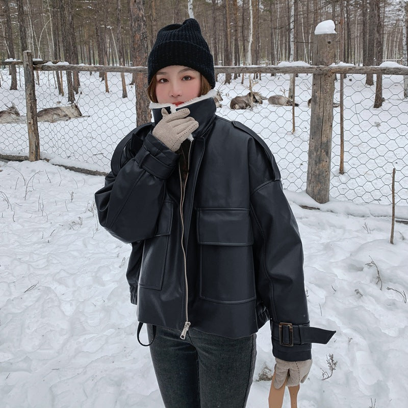 Light Brown Lapel Small Rabbit Fur Thick Loose Short Leather Jacket Best YouTube Store