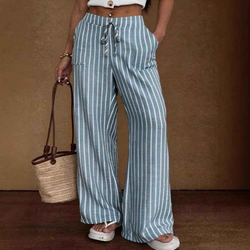 Striped Loose Commuter Casual Lace-up Elastic-waist Wide-leg Trousers NorixaFashion.com
