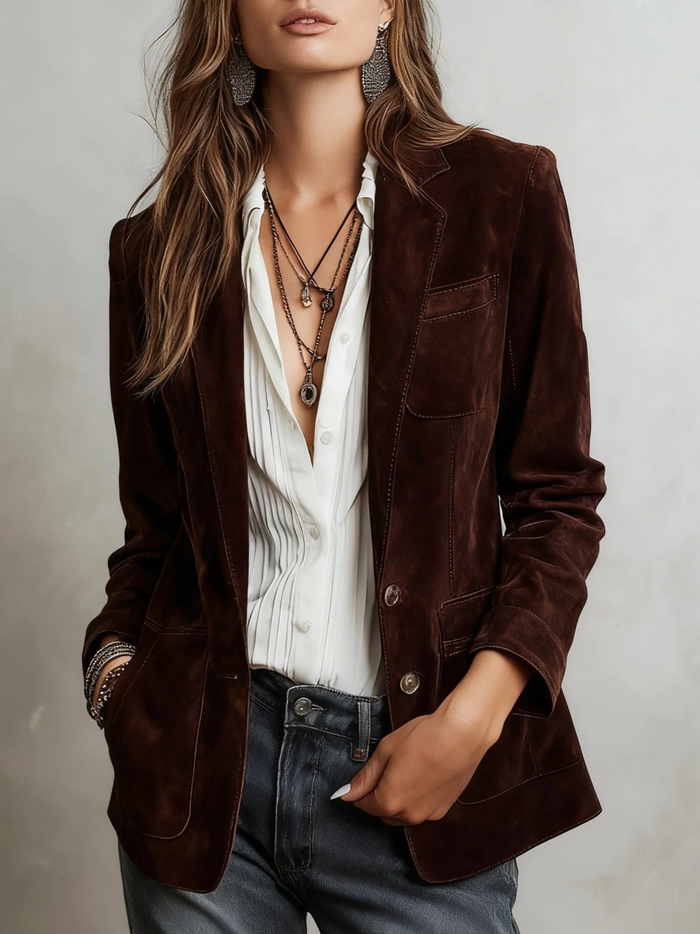 European And American Cross-border Autumn Women's Fashion Jacket, Elegant Brown Suede With Pockets And Buttons NorixaFashion.com