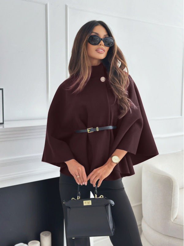 New Stand Collar Batwing Sleeves Cloak Top With Belt Ins Fashion Temperament Jacket Woolen Sweater Outwear For Women Clothing LadyShow.Store