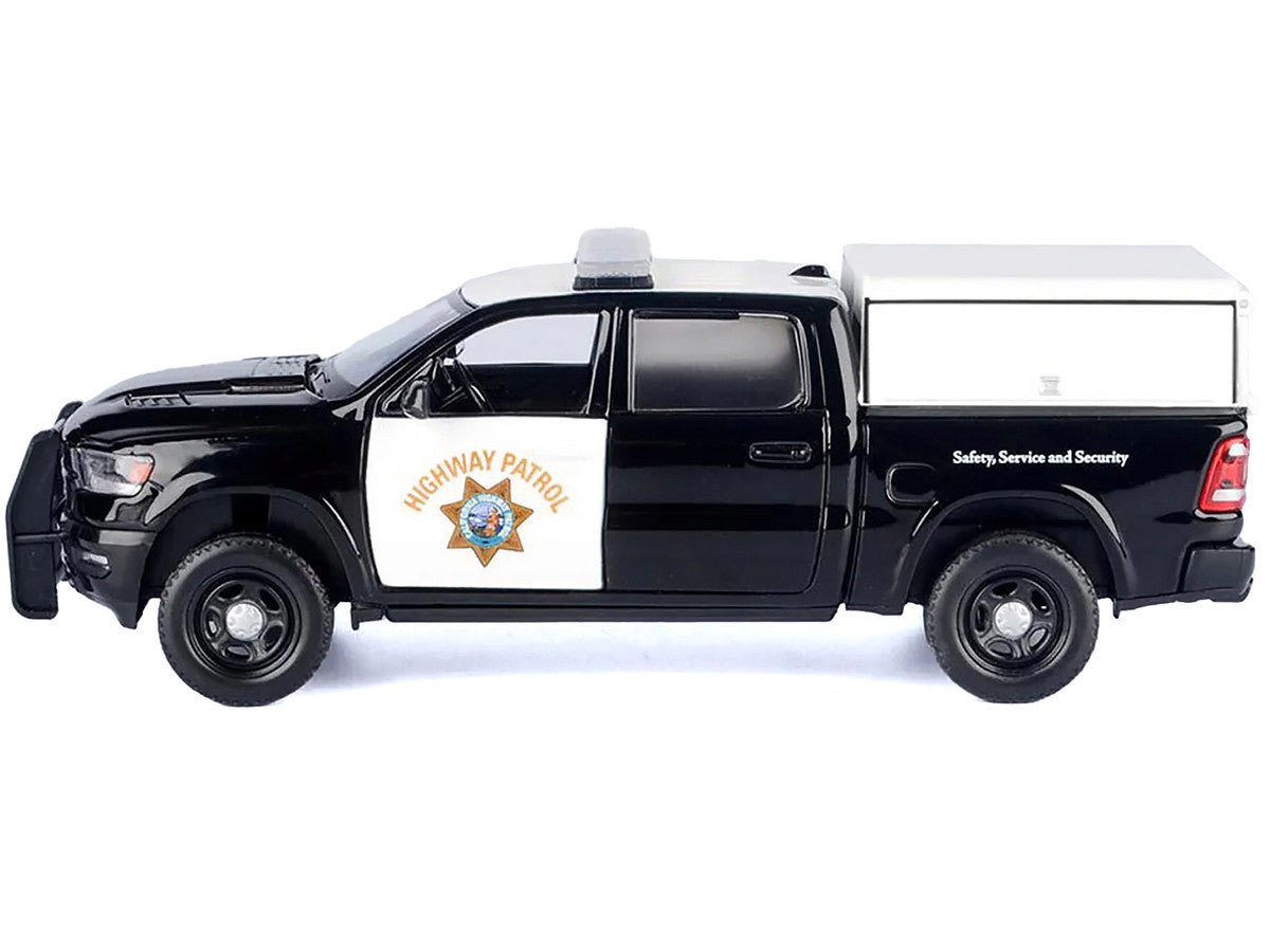 2019 RAM 1500 Laramine Crew Cab Pickup Truck "California Highway Patrol" Black and White with Truck Bed Camper "Law Enforcement and Public Service" Series 1/27 Diecast Model Car by Motormax LuxuryLifeWay Online Store