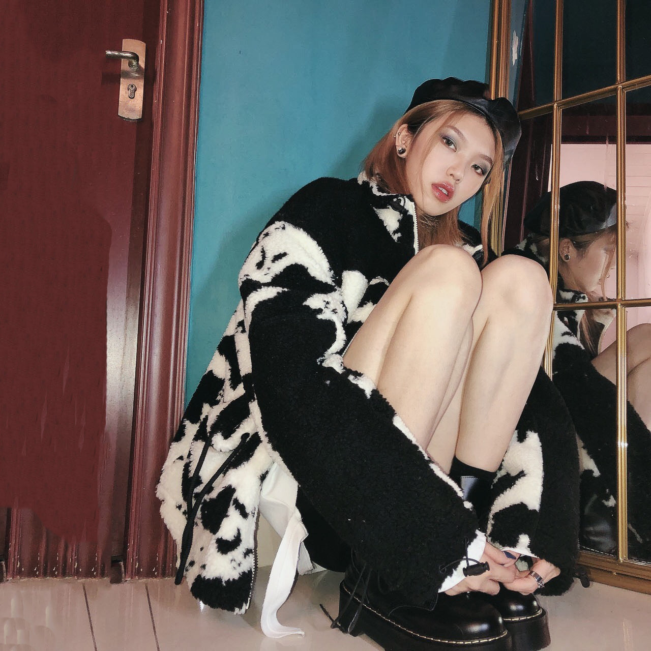 Oversized Cow Print Plush Cotton Jacket for All Pi-Mart