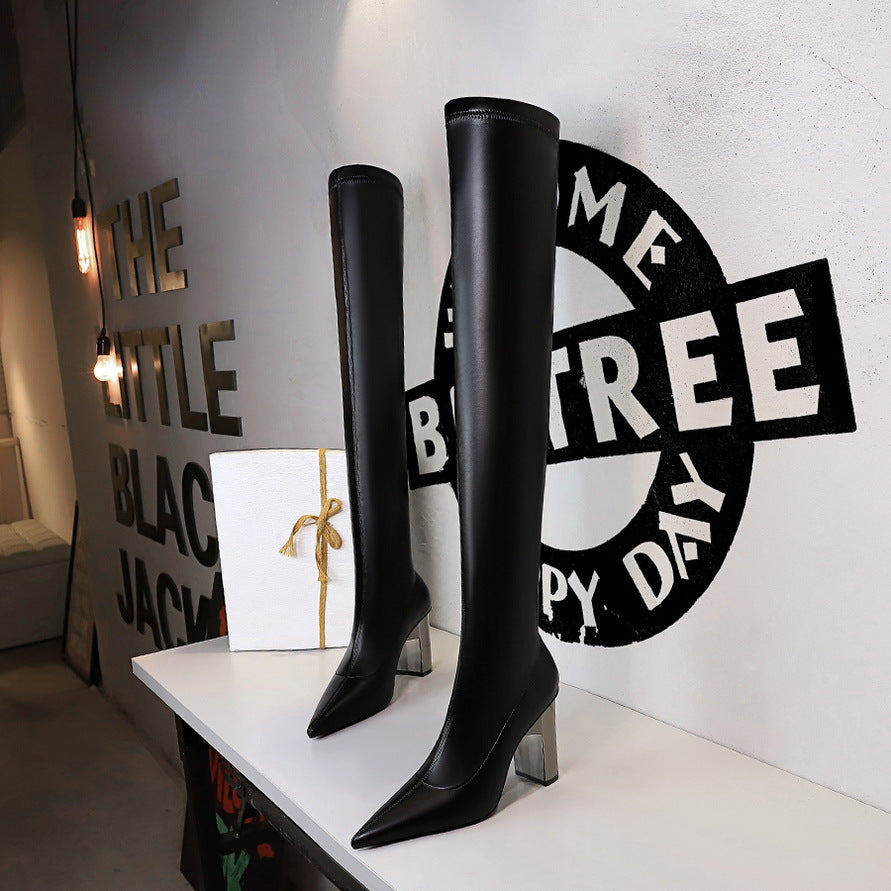 Women Thigh High Shoes  Pointed Toe  Over Knee Boots Square Heels LadyShow.Store