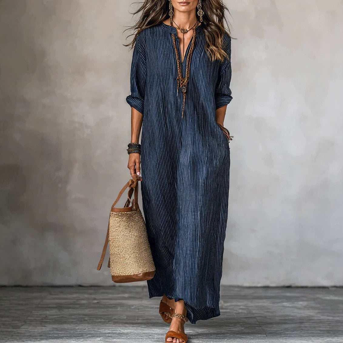 Fashionable V-neck Striped Loose-fit Dress NorixaFashion.com