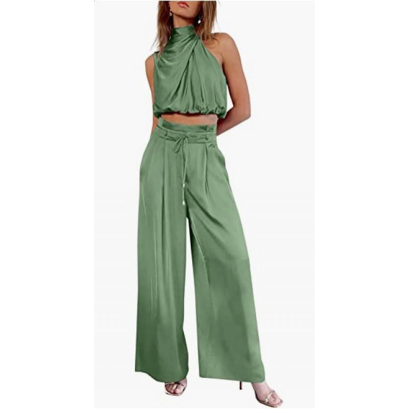 Summer Suits Casual Sleeveless Midriff-baring Top And Wide Leg Pants 2pcs Set Womens Clothing NorixaFashion.com