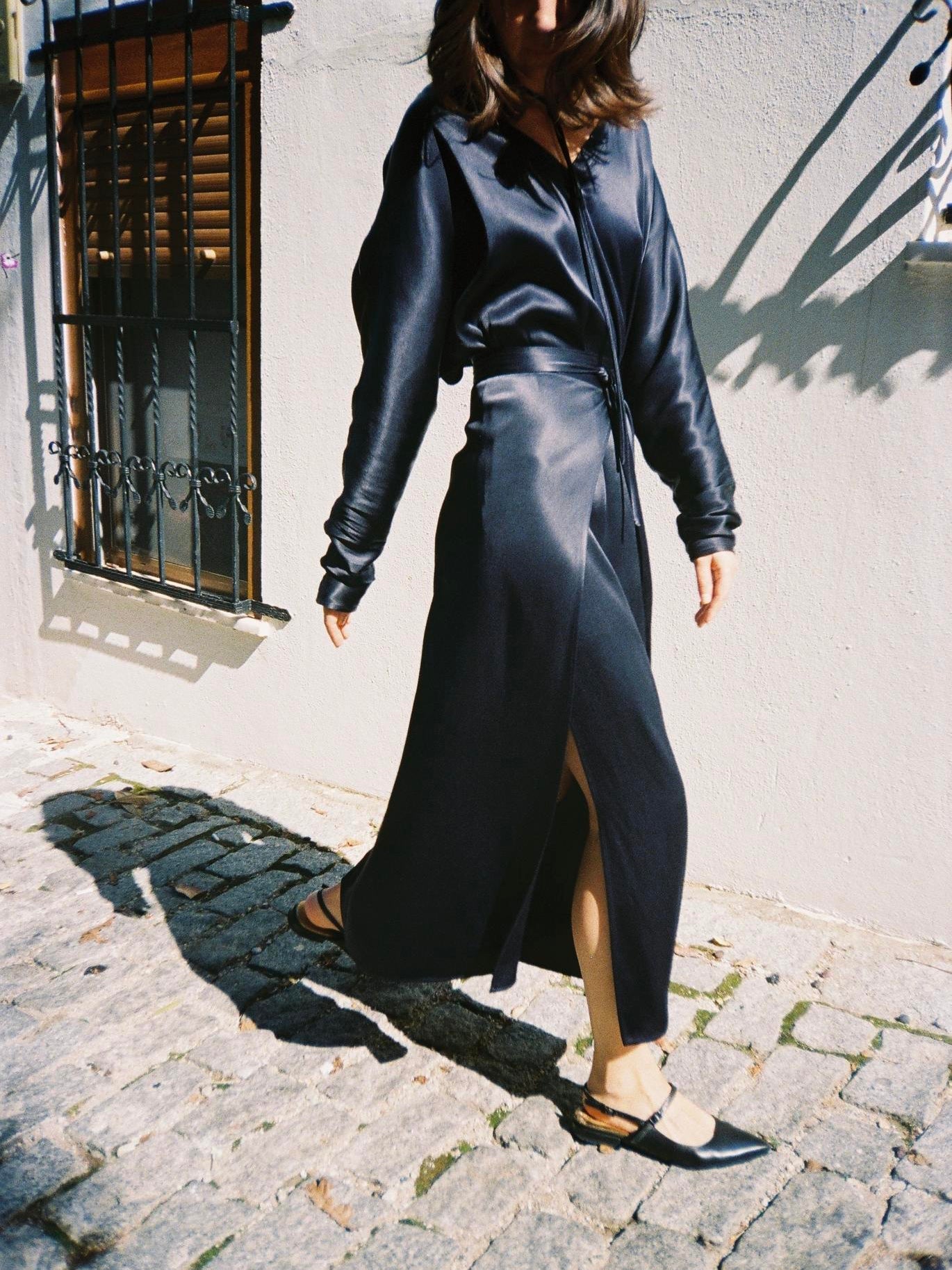 Navy Blue Satin Tie-Waist Slit Long Sleeve Maxi Dress NorixaFashion.com