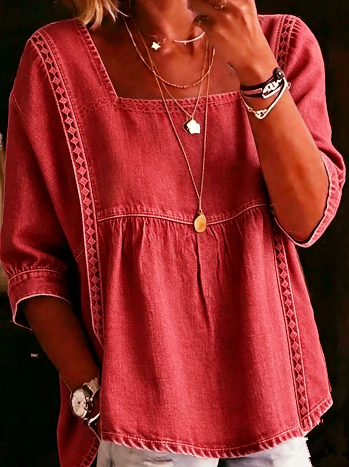 Denim And Lace Patchwork Blouse European And American Style NorixaFashion.com