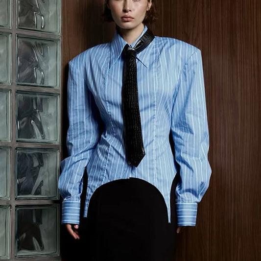 Commuter Long-sleeved Black Tie Shirt With Irregular Hem NorixaFashion.com